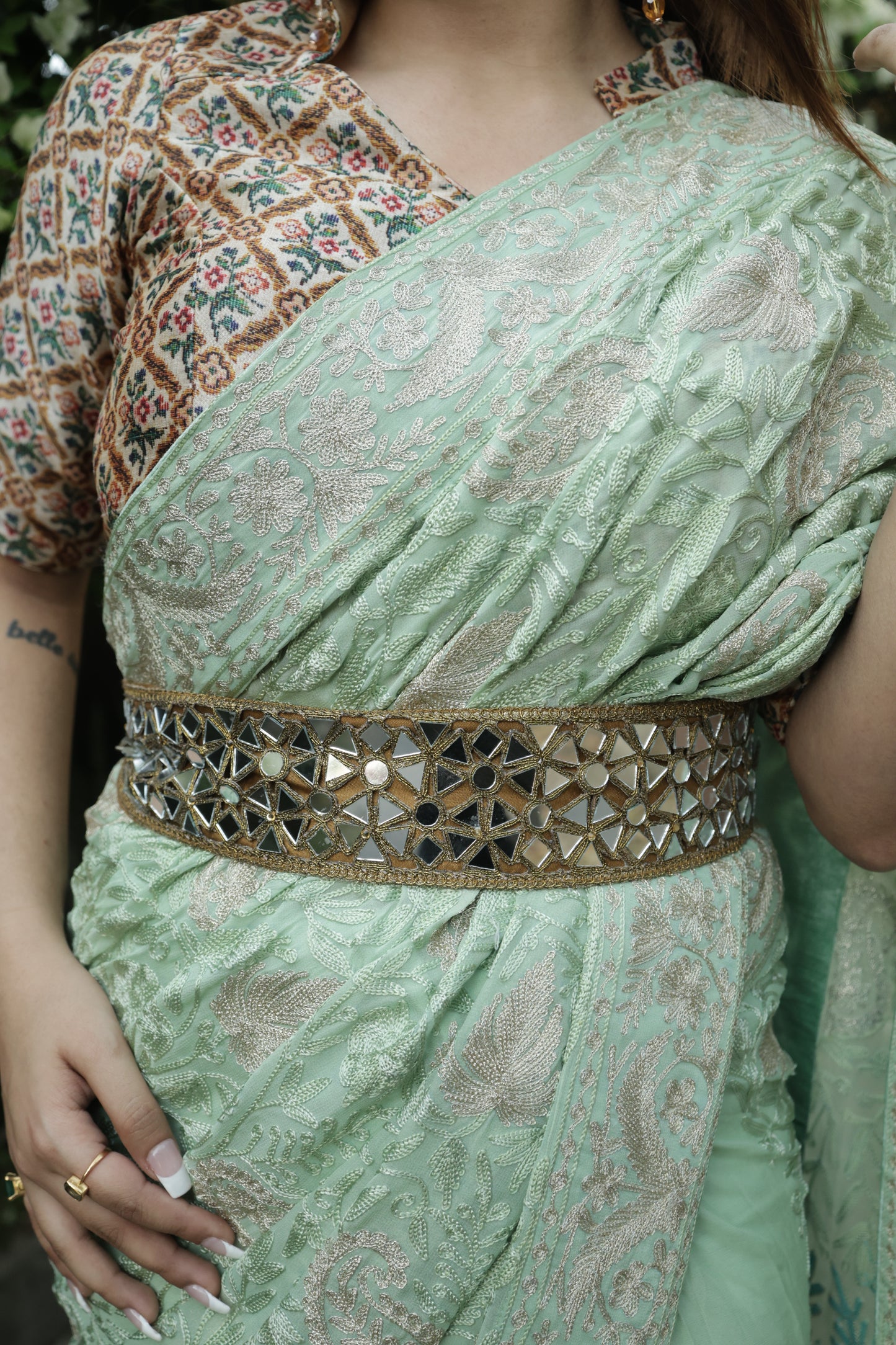 KHIZAN - Tilla and Thread Aari work Saree - Lemon Grass with Teal