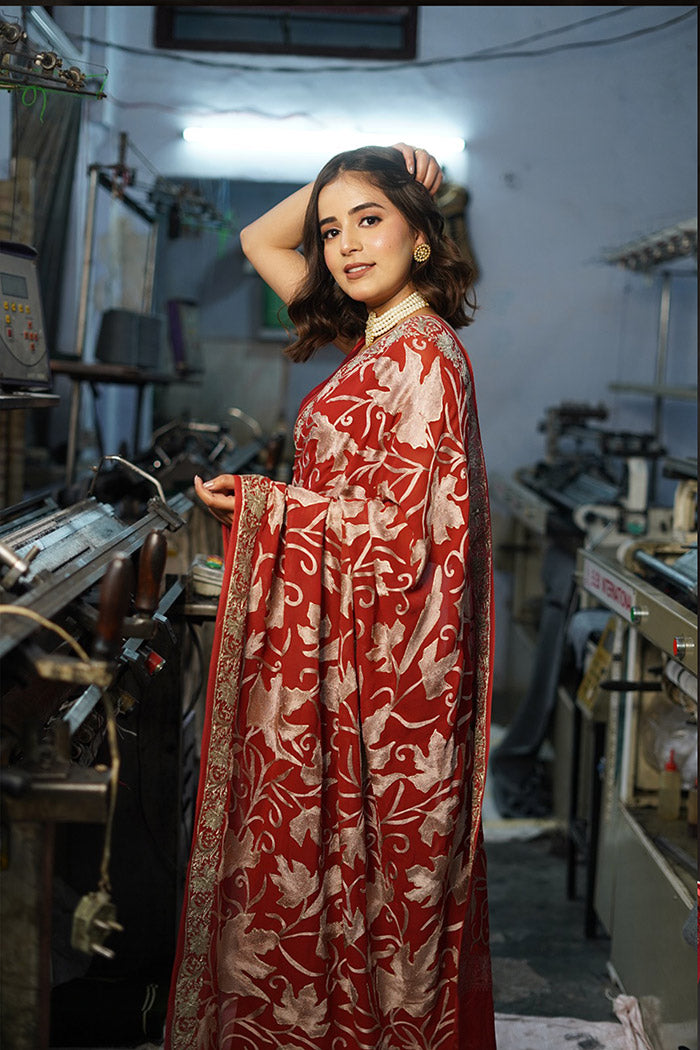 Kashmiri Tilla and Thread Aari Work Saree - Red