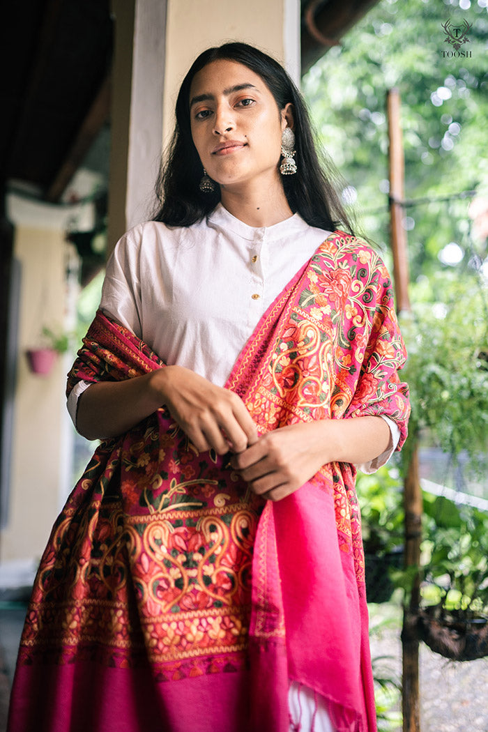 Pink Wool Shawl with Aari Work Multicolor Embroidery