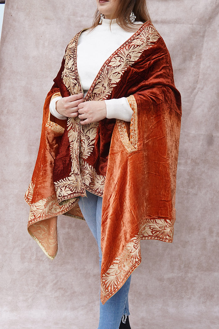 Orange Red Double Shade Velvet Cape with Zari Embroidery