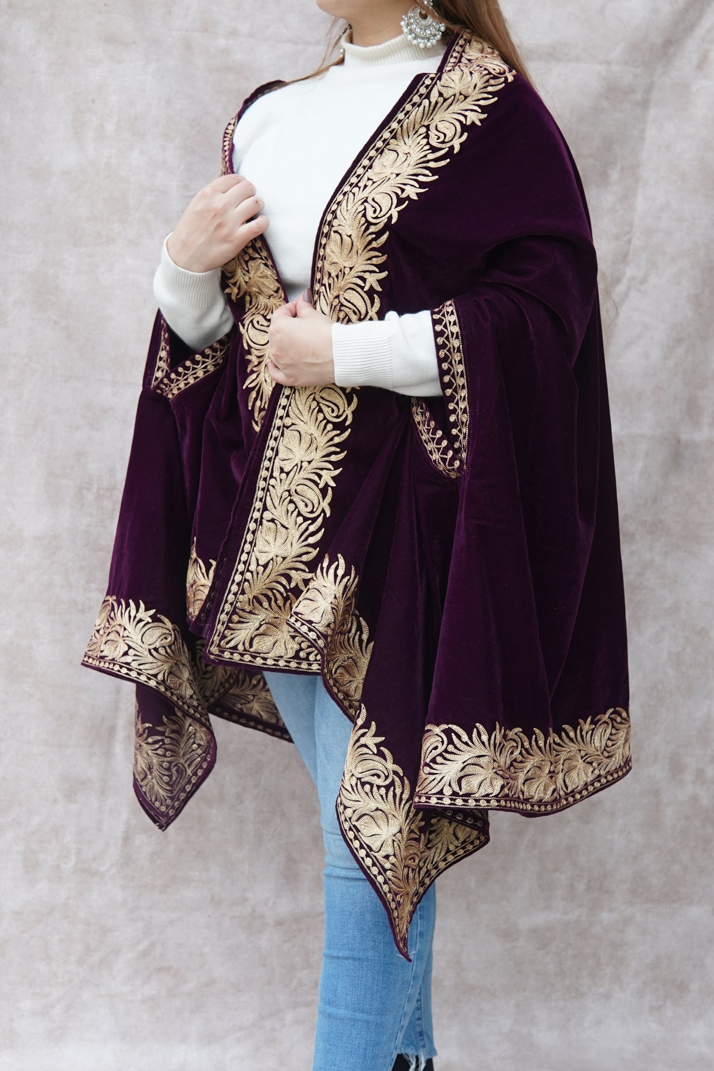 Violet Velvet Cape with Antique Zari Embroidery