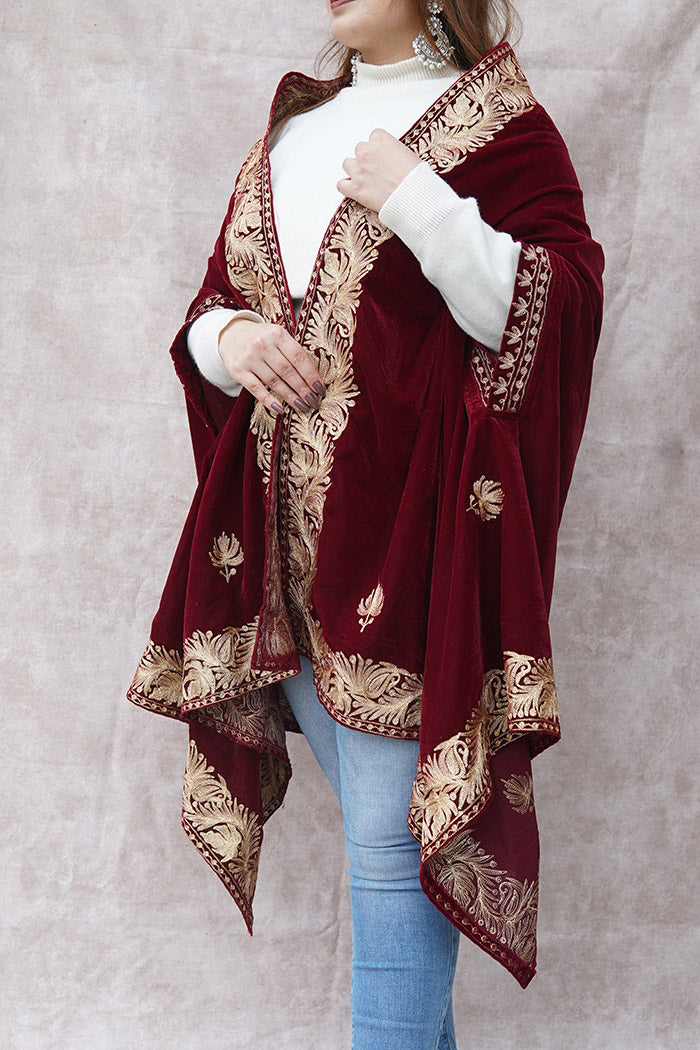 Red with Booti Velvet Cape with Zari Embroidery