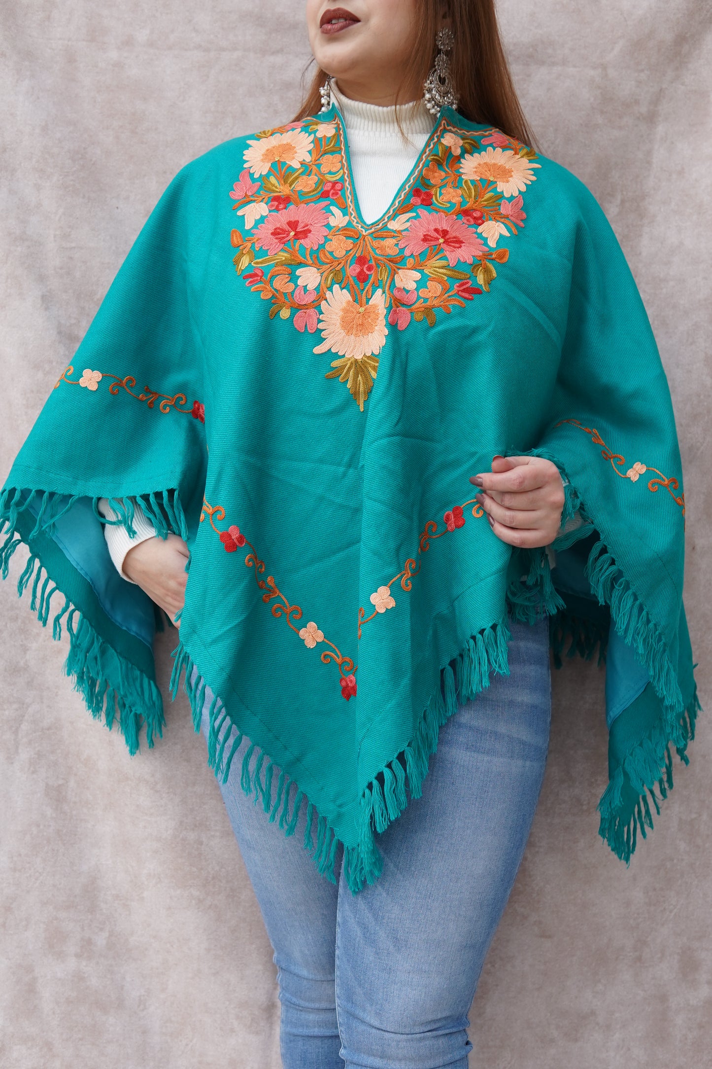 Kashmiri Poncho with Aari Work | Aqua