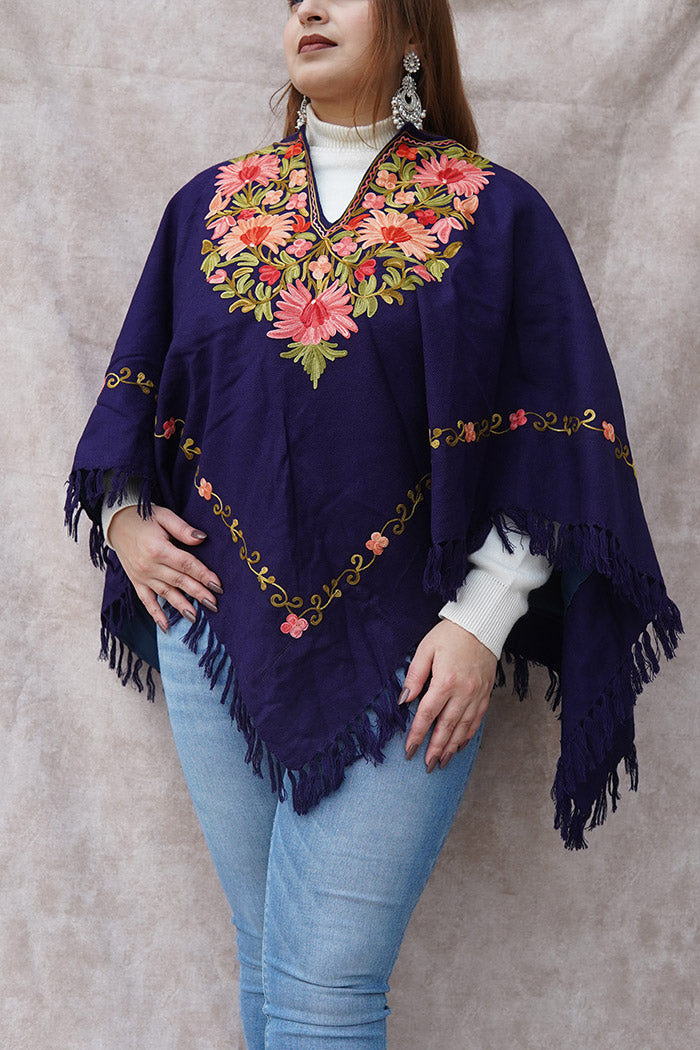 Kashmiri Poncho with Aari Work | Purple