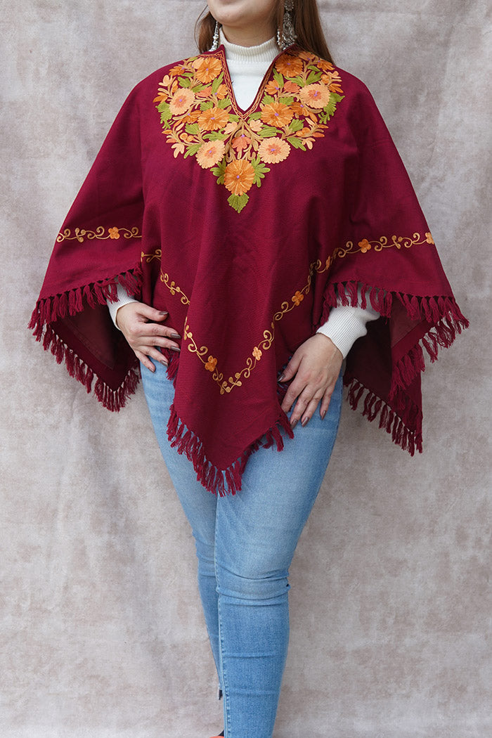 Kashmiri Poncho with Aari Work | Maroon