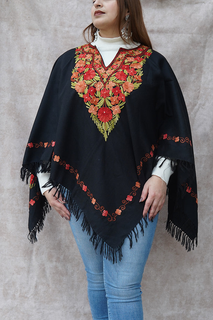 Kashmiri Poncho with Aari Work | Black