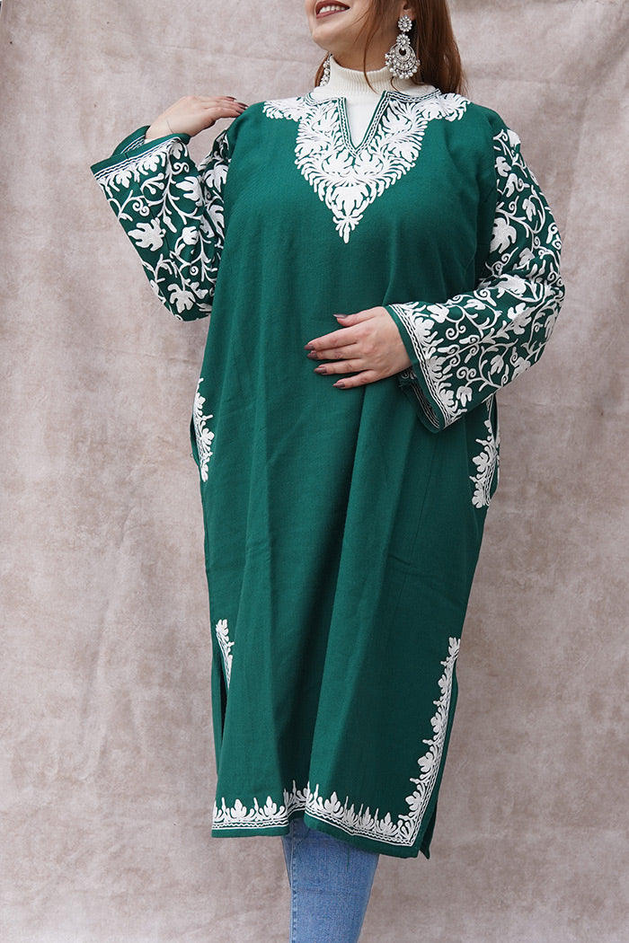Kashmiri Woolen Green Phiran with Aari Work