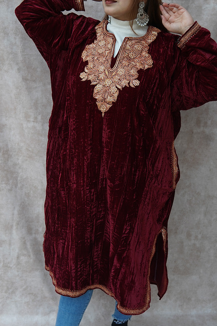Kashmiri Crushed Velvet Phiran with Patch Work | Maroon