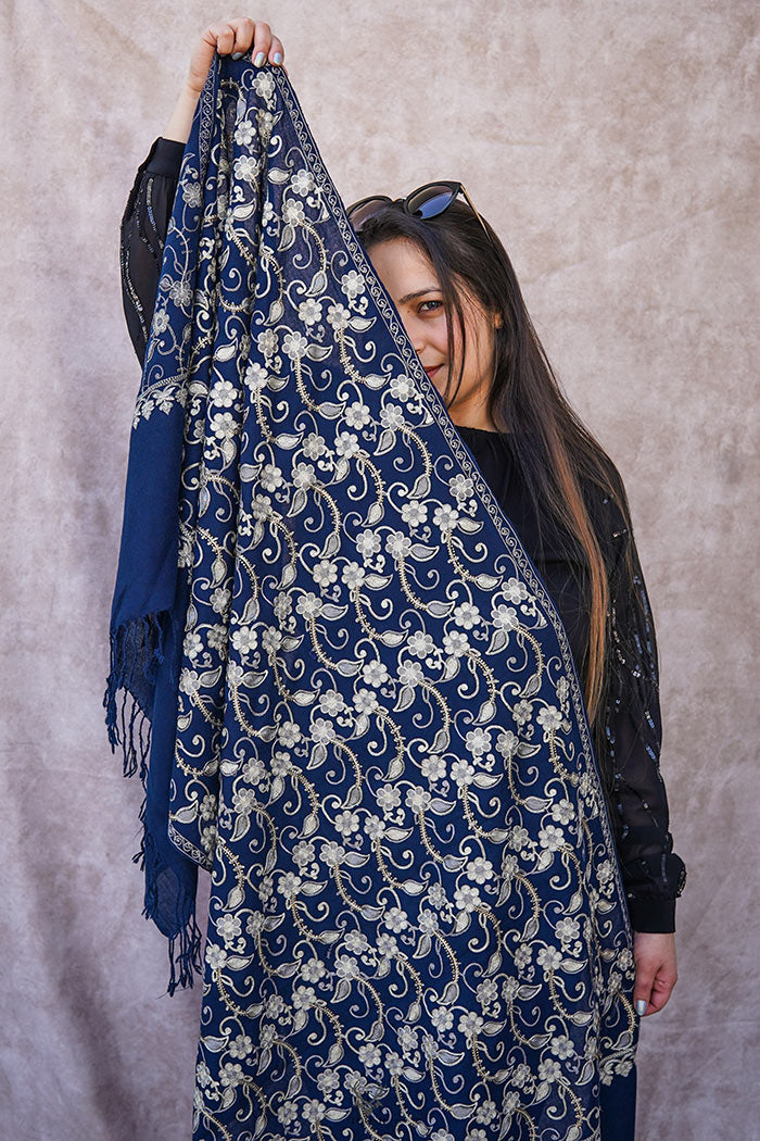 Kashmiri Blue Stole With Embroidery