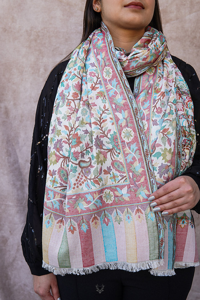 Kashmiri White Multicolor Printed Stole