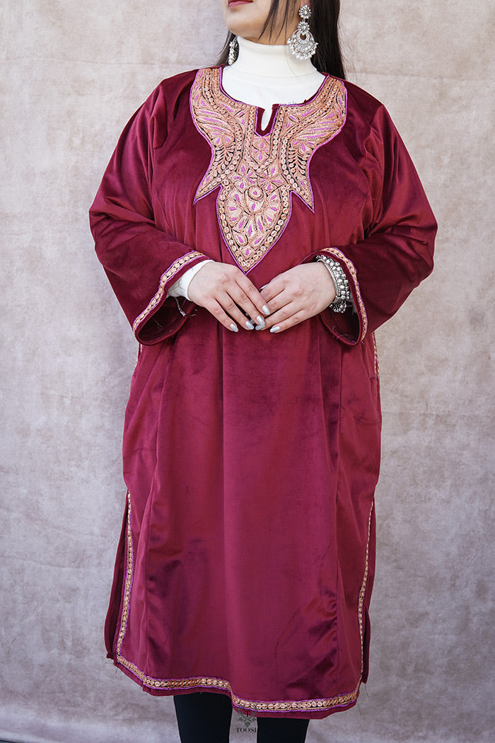 Maroon Velvet Phiran with Puff Tilla Embroidery