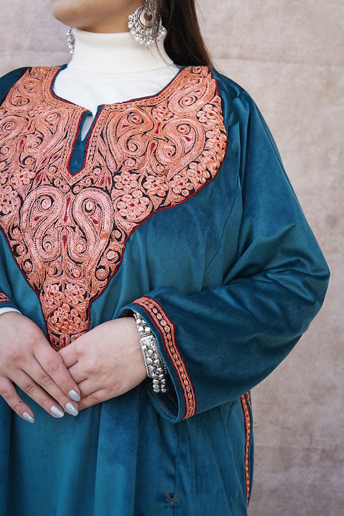 Blue Velvet Phiran With Puff Tilla Embroidery