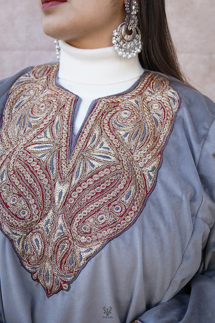 Grey/silver Velvet Phiran with Puff Tilla Embroidery