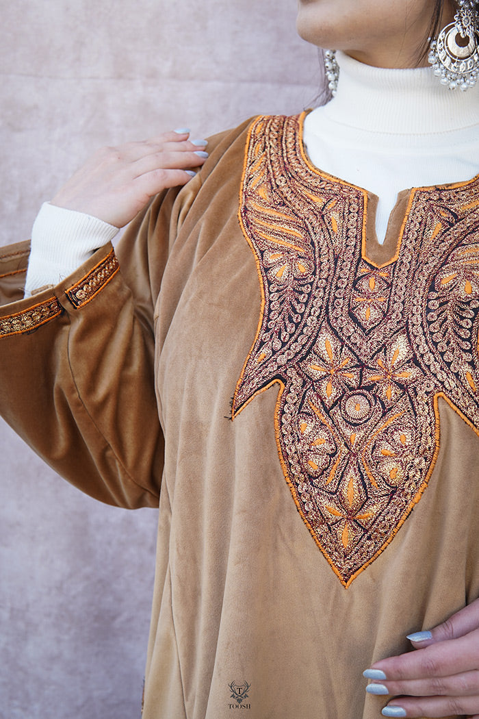 Brown Velvet Phiran with Puff Tilla Embroidery
