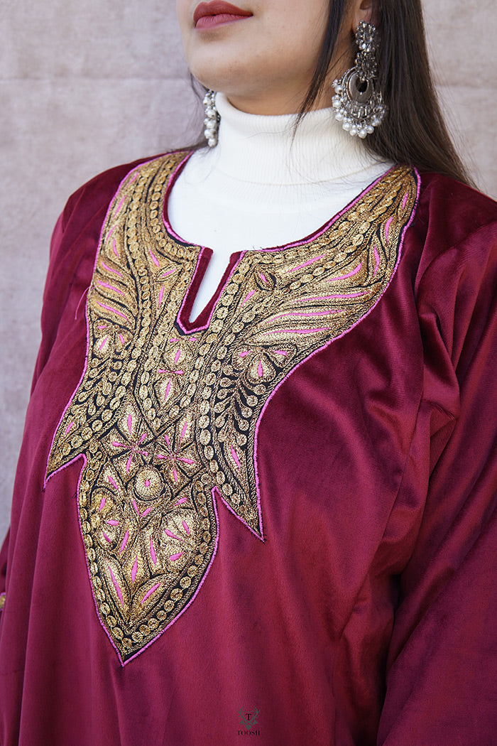 Pink Velvet Phiran with Puff Tilla Embroidery