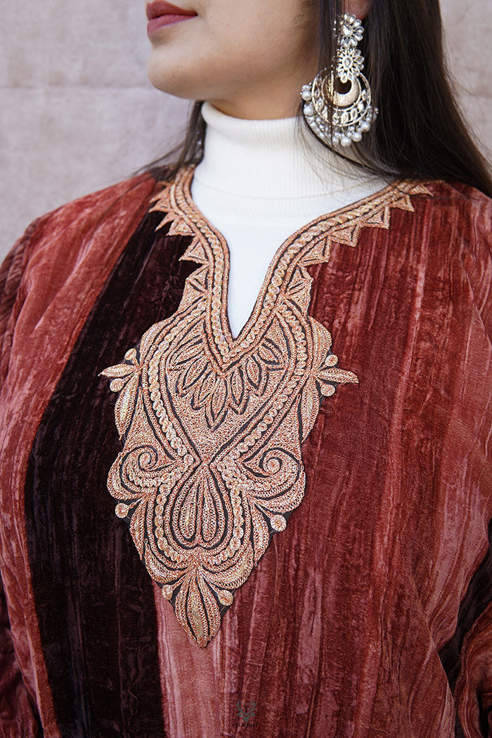 Brown-Rust Crush Velvet Phiran with Puff Tilla Embroidery
