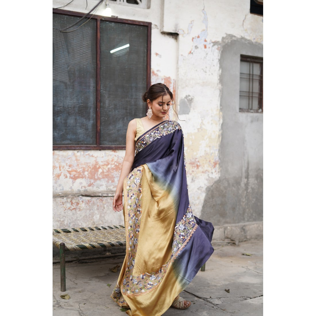 Kashmiri Thread Aari Work Saree - Navy Blue with Golden