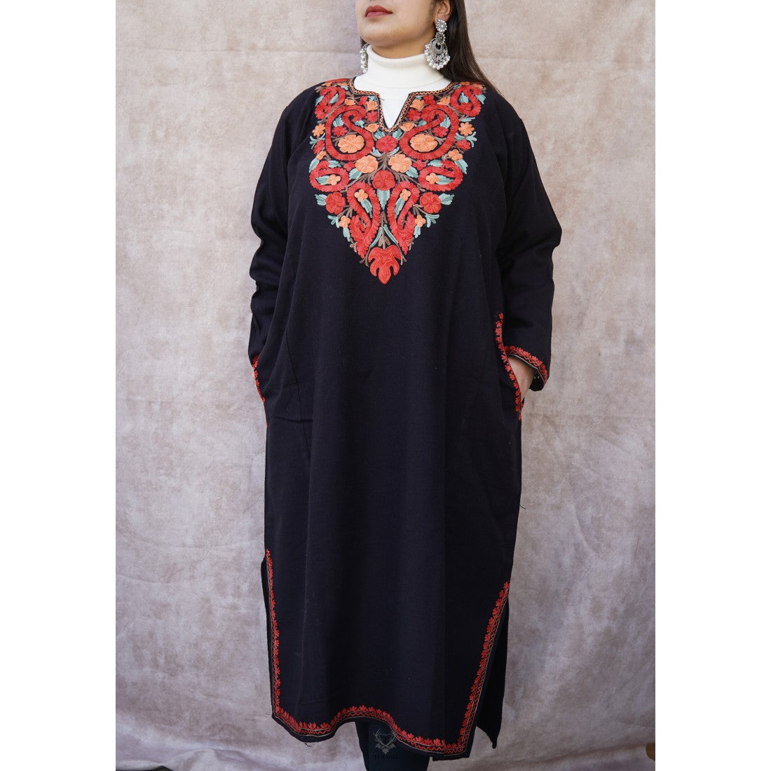 Black Woollen Phiran With Multicolor Aari-work