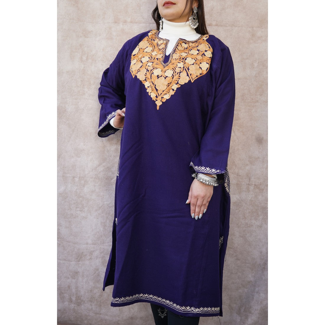 Violet Woolen Phiran with Multicolor Aari-Work