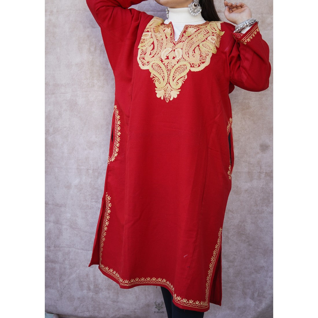 Red Woollen Phiran with Multicolor Aari-Work