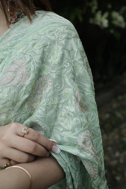 KHIZAN - Tilla and Thread Aari work Saree - Lemon Grass with Teal