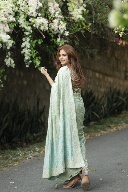 KHIZAN - Tilla and Thread Aari work Saree - Lemon Grass with Teal