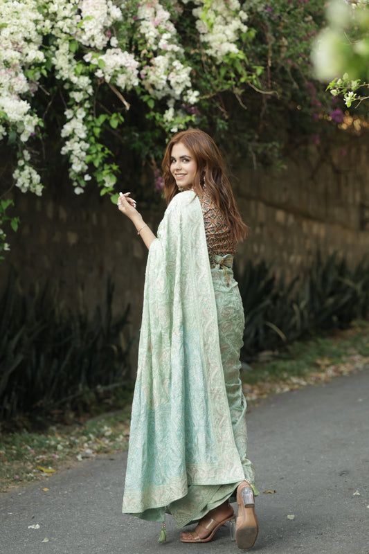KHIZAN - Tilla and Thread Aari work Saree - Lemon Grass with Teal
