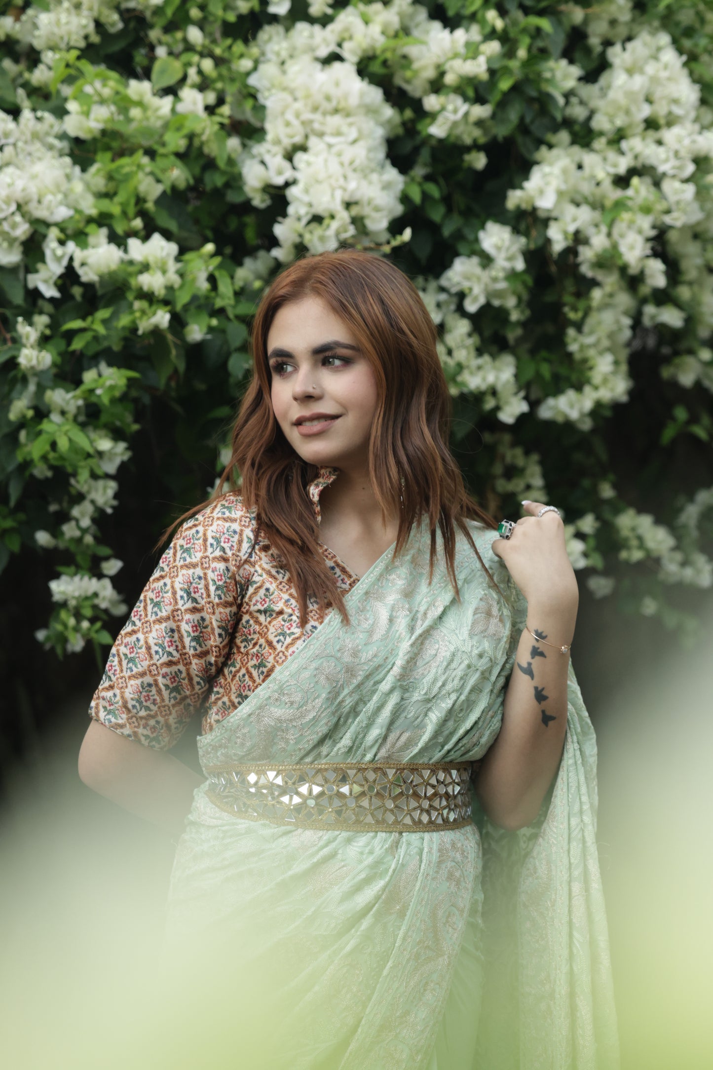 KHIZAN - Tilla and Thread Aari work Saree - Lemon Grass with Teal