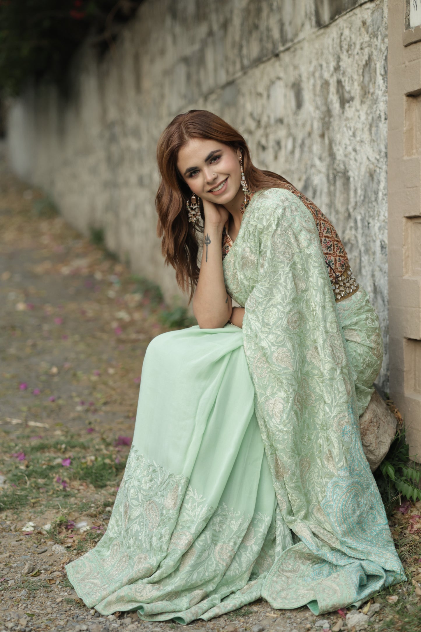 KHIZAN - Tilla and Thread Aari work Saree - Lemon Grass with Teal