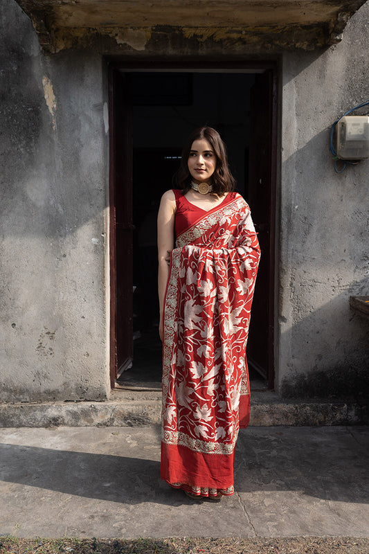 Kashmiri Tilla and Thread Aari Work Saree - Red