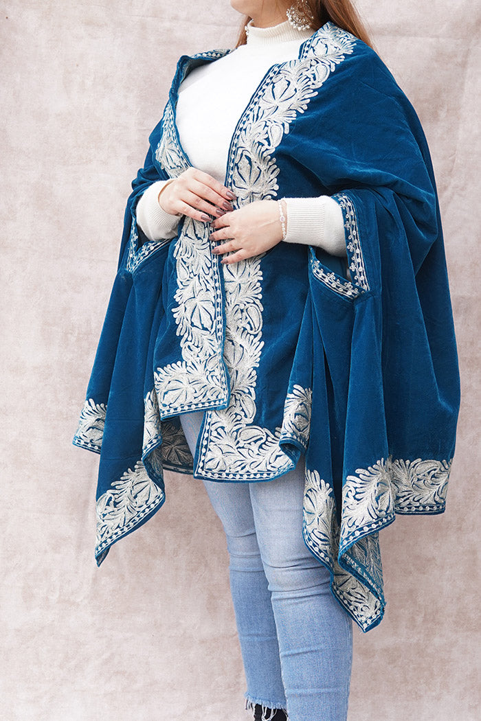 Blue Velvet Cape with Zari Embroidery