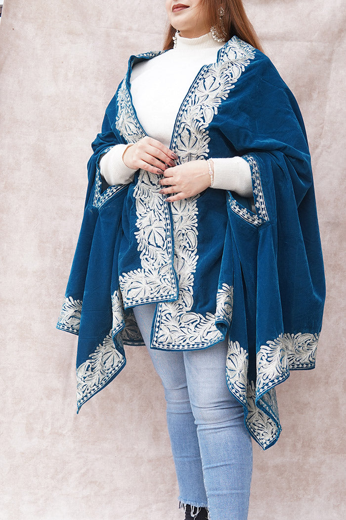 Blue Velvet Cape with Zari Embroidery