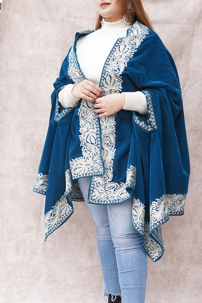 Blue Velvet Cape with Zari Embroidery
