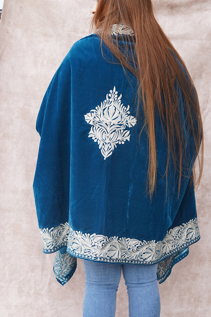 Blue Velvet Cape with Zari Embroidery