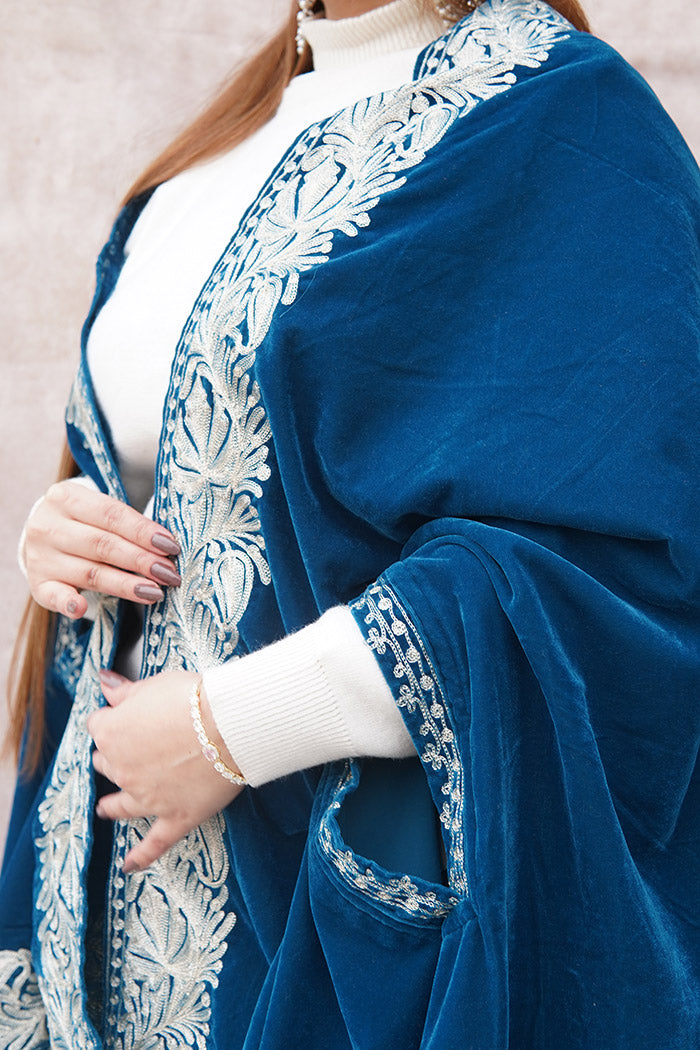 Blue Velvet Cape with Zari Embroidery