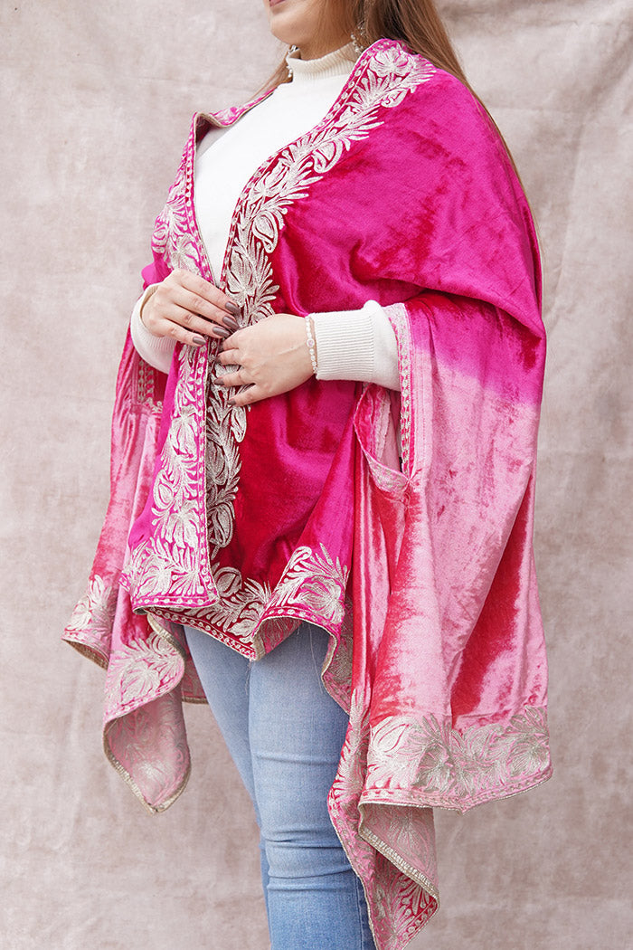 Pink Double Shade Velvet Cape with Zari Embroidery