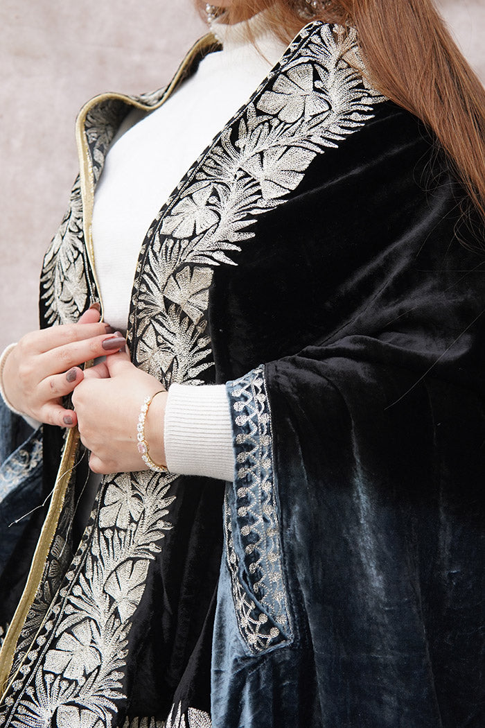 Black-Grey Double Shade Velvet Cape with Zari Embroidery