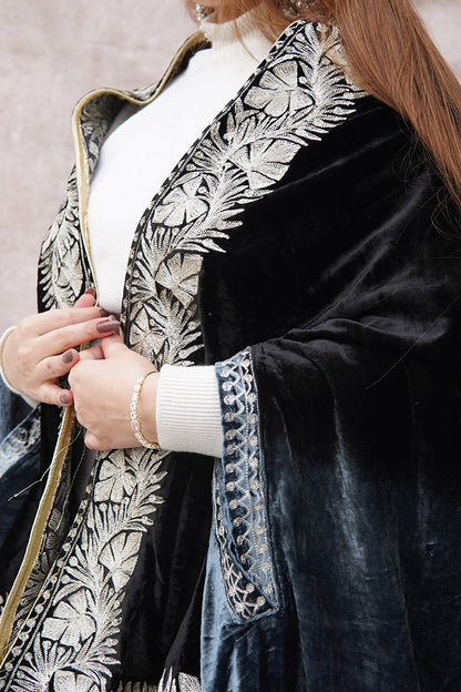 Black-Grey Double Shade Velvet Cape with Zari Embroidery