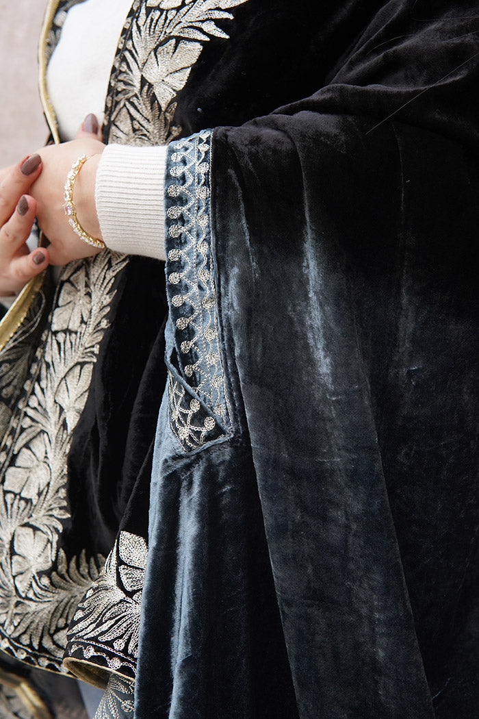 Black-Grey Double Shade Velvet Cape with Zari Embroidery