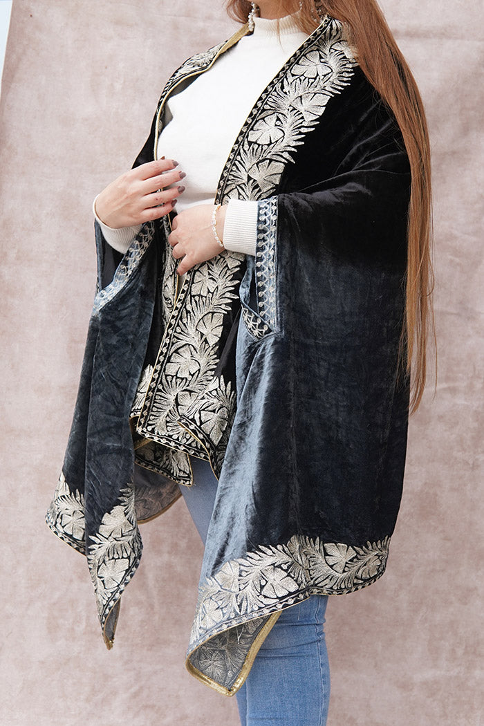 Black-Grey Double Shade Velvet Cape with Zari Embroidery