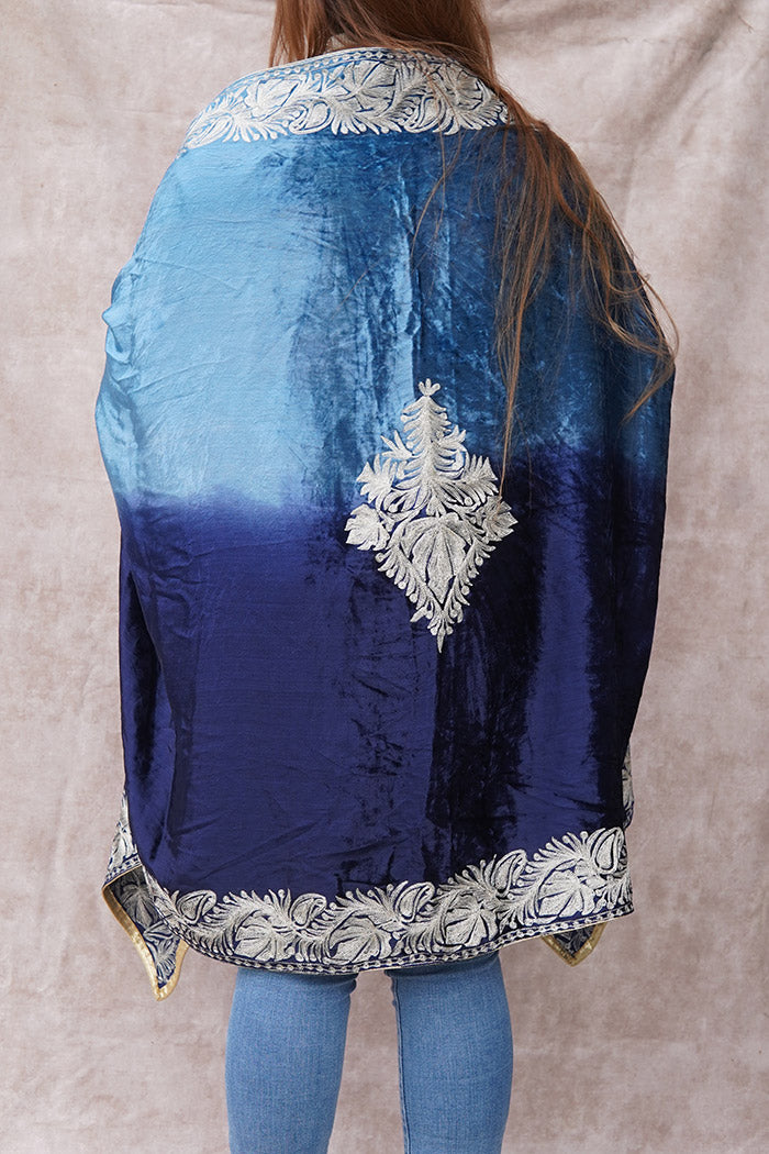 Blue Double Shade Velvet Cape with Zari Embroidery