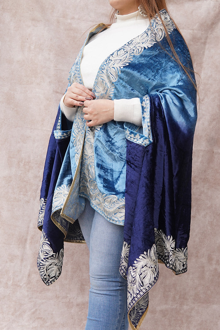 Blue Double Shade Velvet Cape with Zari Embroidery