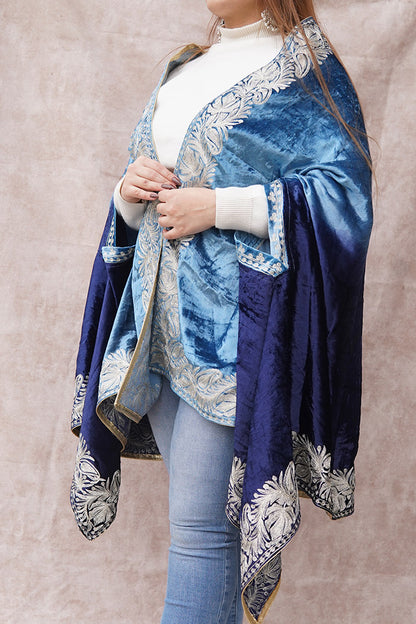 Blue Double Shade Velvet Cape with Zari Embroidery