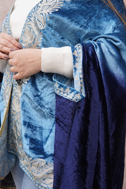 Blue Double Shade Velvet Cape with Zari Embroidery