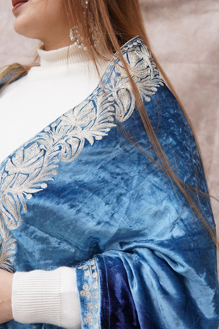 Blue Double Shade Velvet Cape with Zari Embroidery