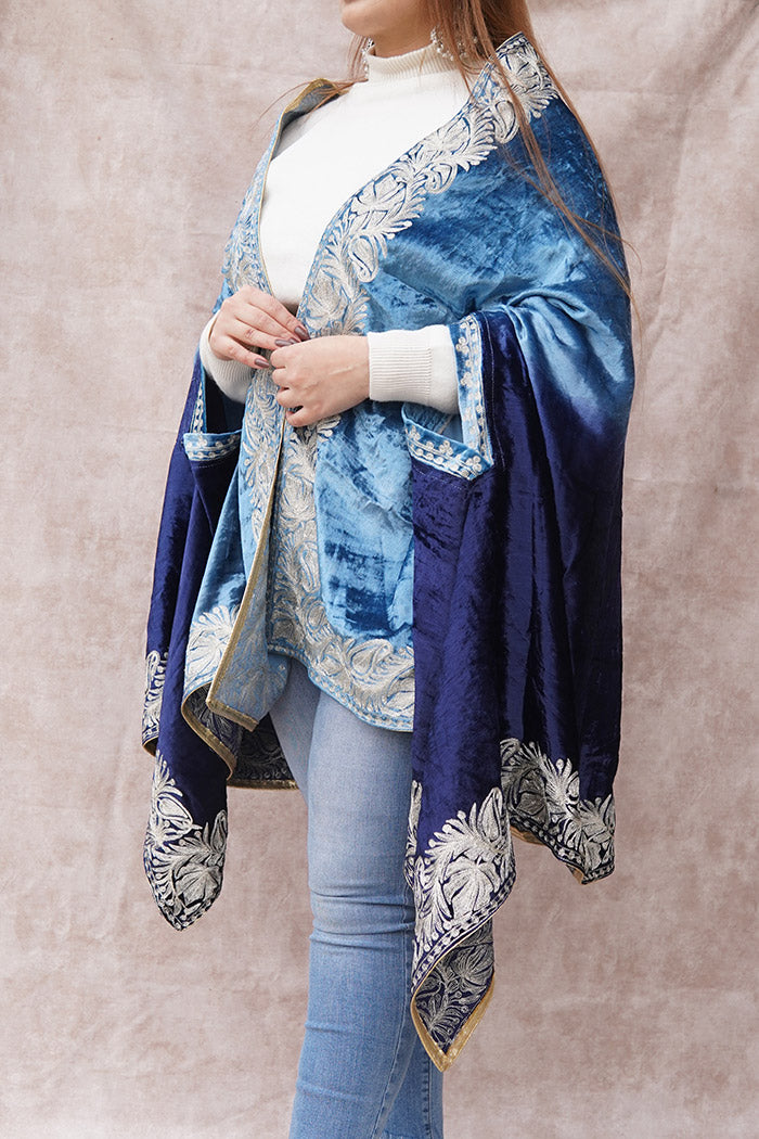 Blue Double Shade Velvet Cape with Zari Embroidery