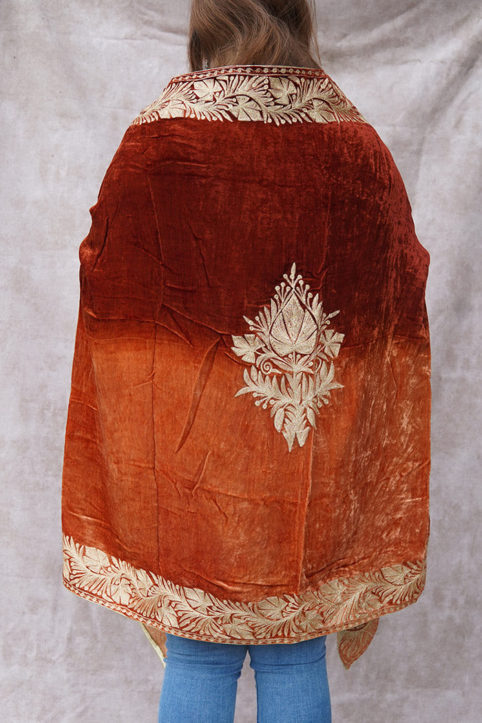 Orange Red Double Shade Velvet Cape with Zari Embroidery
