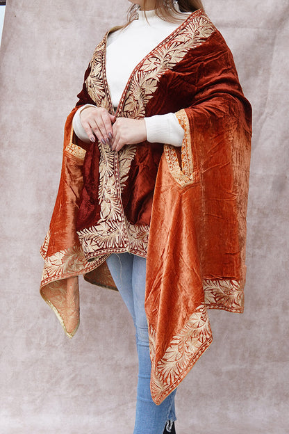 Orange Red Double Shade Velvet Cape with Zari Embroidery