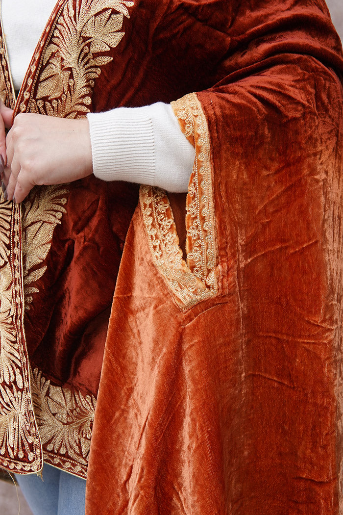 Orange Red Double Shade Velvet Cape with Zari Embroidery