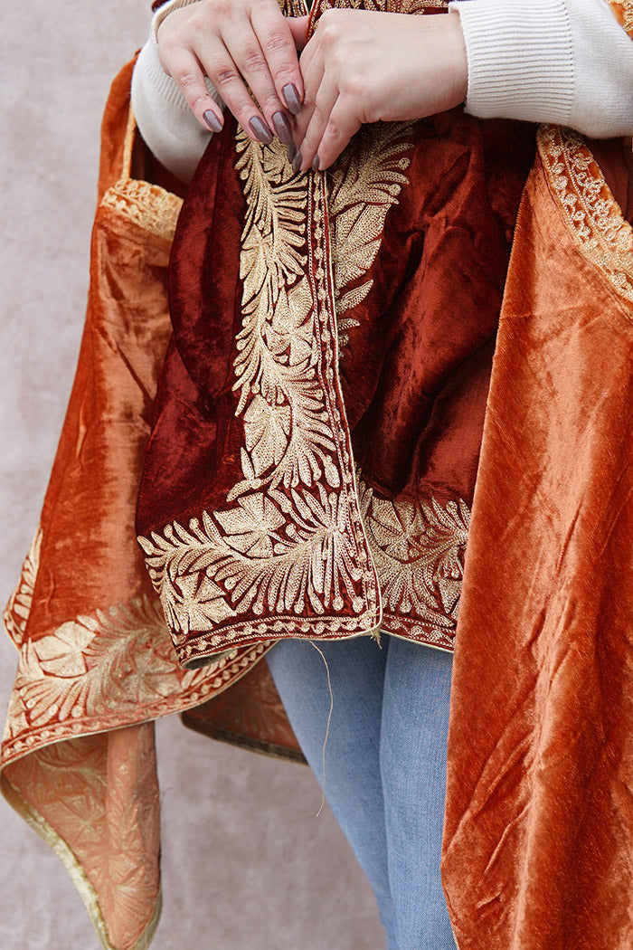 Orange Red Double Shade Velvet Cape with Zari Embroidery